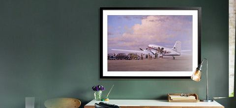 Image of Douglas DC3 Airplane Aviation Airliner Collectible Art Print Air Nostalgia by Geoff Lea Melbourne, Australia A20 Aviation Art Wide Desk Shot