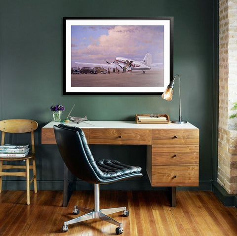 Image of Douglas DC3 Airplane Aviation Airliner Collectible Wall Art Print Air Nostalgia by Geoff Lea Melbourne, Australia A20 Aviation Art framed behind desk