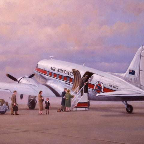 Image of Douglas DC3 Airplane Aviation Airliner Collectible Art Print Air Nostalgia by Geoff Lea Melbourne, Australia A20 Aviation Art Passengers Boarding