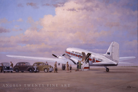 Image of Douglas DC3 Airplane Aviation Airliner Collectible Art Print Air Nostalgia by Geoff Lea Melbourne, Australia A20 Aviation Art Passengers Boarding Full 