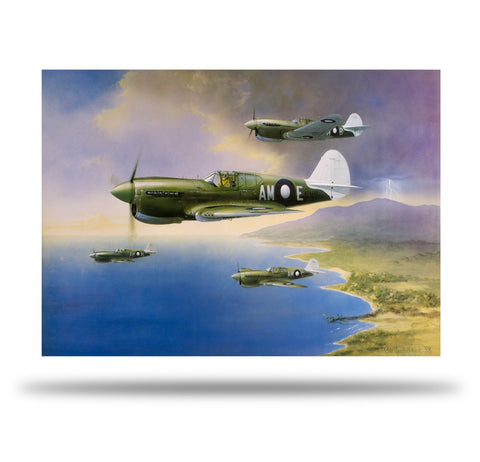 Image of RAAF P40 Kittyhawk Aviation Art Print Looking For Trouble Peter Randall Kent Sir John Gorton A20 Aviation Art close up