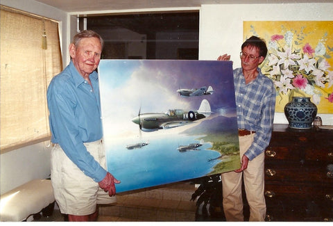 Image of RAAF P40 Kittyhawk Aviation Art Painting Looking For Trouble Peter Randall Kent Signed by Sir John Gorton with A20 Aviation Art Founder Peter Forbes