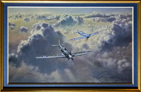 Image of Supermarine Spitfire by Roy Cross Military Aviation Art Print WW2 with RAF brooch A20 Aviation Art Close Up