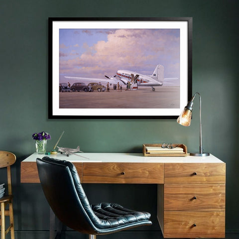 Image of Douglas DC3 Airplane Aviation Airliner Collectible Art Print Air Nostalgia by Geoff Lea Melbourne, Australia A20 Aviation Art Office Desk