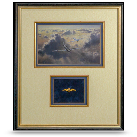 Image of Supermarine Spitfire by Roy Cross Military Aviation Art Print WW2 with RAF brooch A20 Aviation Art Matted